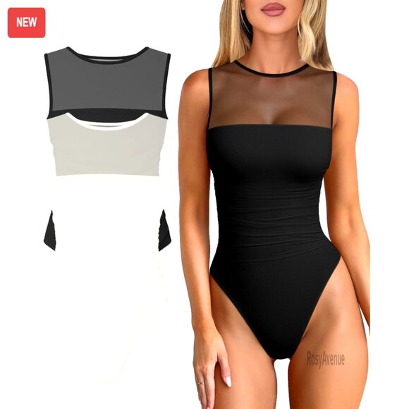Mesh Ruched Bodysuit Shapewear Sleeveless Turtle Neck Going Out Top